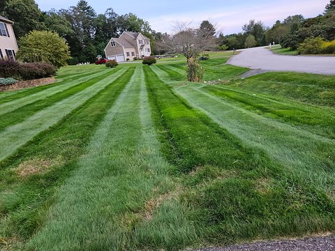 Wide lawn mown in alternating dark and light green stripes sloping up to a large tan house with a three-car garage
